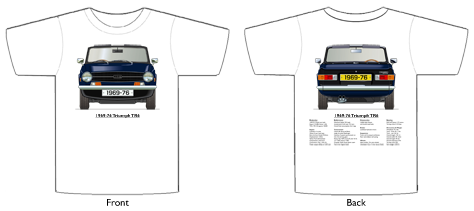 Triumph TR6 1969-76 Blue (disc wheels) T-shirt Front & Back